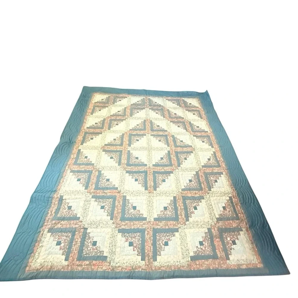 Vtg Log Cabin Quilt 102x86 Queen King Handmade Bedspread Floral Cottagecore